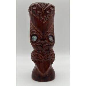 Vtg MAORI HAND CARVED Ancestral Mask Kauri Wood Totem w Abalone Eyes New Zealand